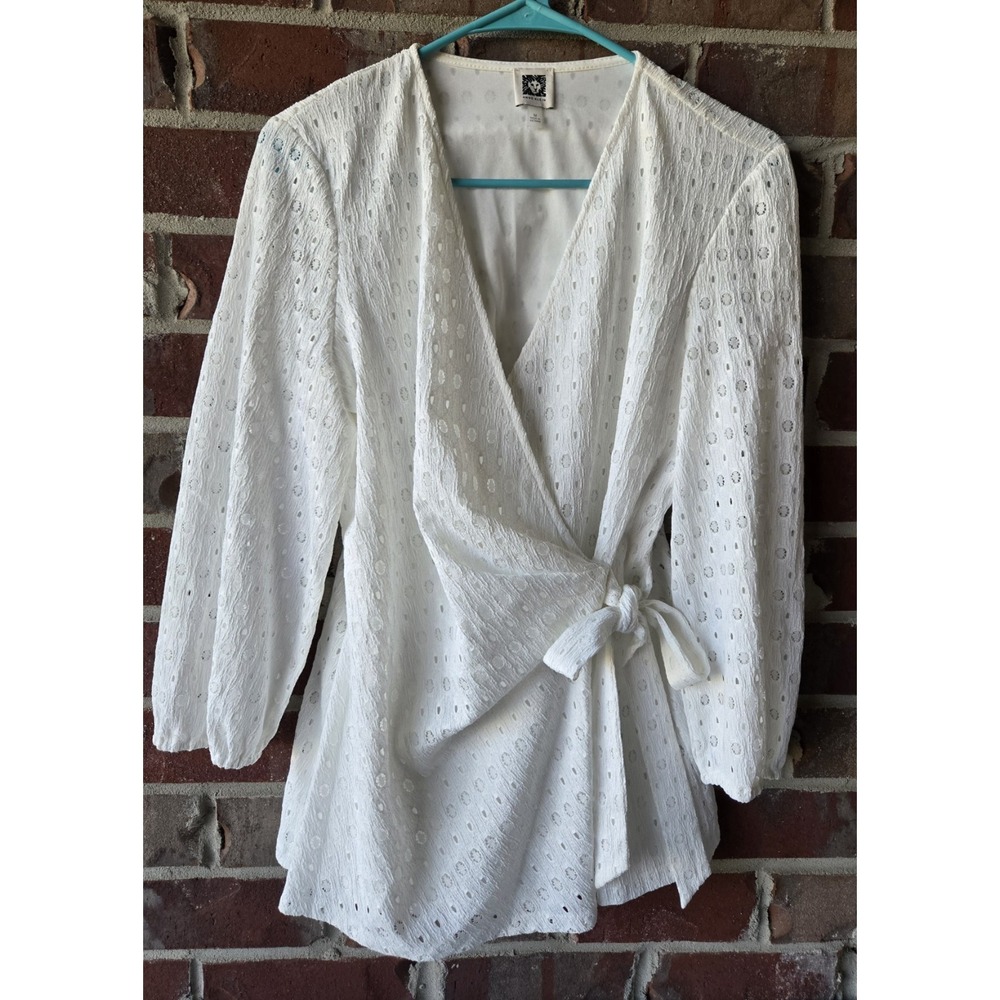 Anne Klein White Eyelet Wrap Blouse V-Neck Long Sleeve Tie Waist Women's M